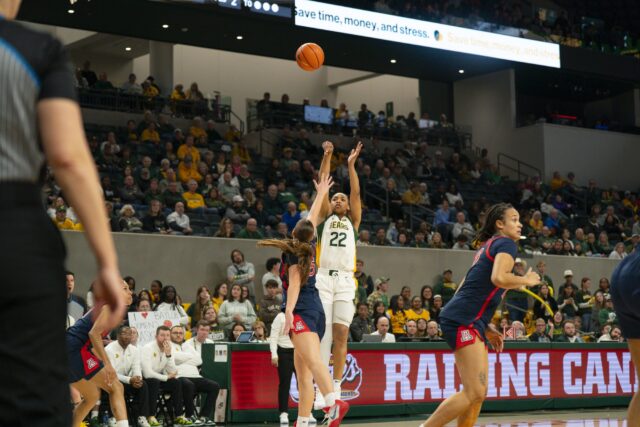 Senior wing Bella Fontleroy rises up for a three during the Bears' 74-60 win on Saturday night against Arizona at Foster Pavilion. Jake Schroeder | Photographer