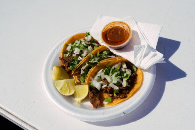 Three delicious asada tacos from