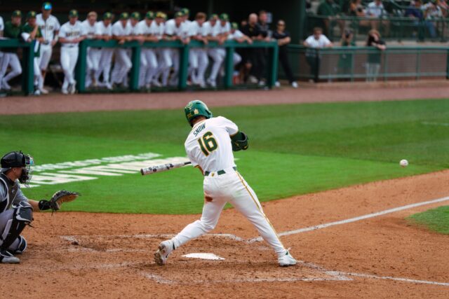 Redshirt freshman left fielder Hunter Snow swings at a fastball down the middle. Brady Harris | Photographer