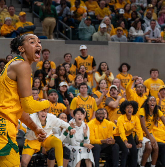 Senior guard Bella Fontleroy celebrates receiving a foul during No. 12 Baylor women's basketball's 67-83 loss over TCU Thursday night at Foster Pavilion. Mesha Mittanasala | Photographer