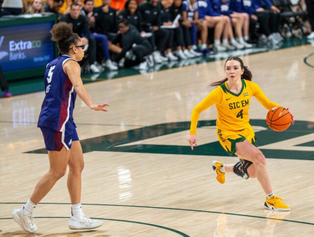 Graduate guard Jana Van Gytenbeek slips dribbles the ball up the court during No. 12 Baylor women's basketball's 67-83 loss over TCU Thursday night at Foster Pavilion. Mesha Mittanasala | Photographer