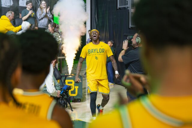 Fifth-year Senior guard Obi Agbim gets hype before the final home game of the 2025-26 season. Jake Schroeder | Photographer