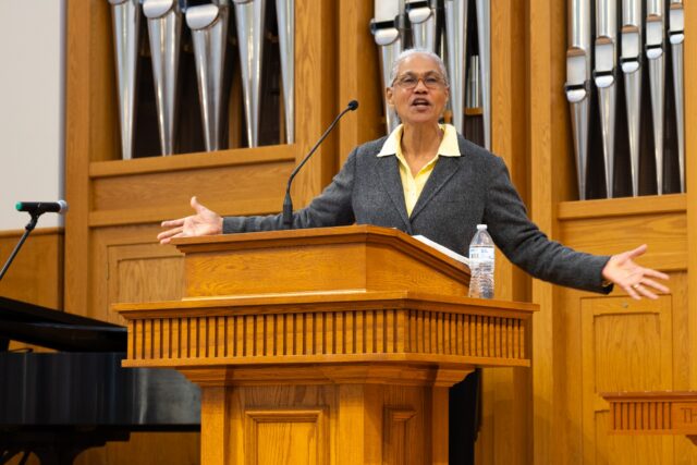 Dr. Jacqueline C. Rivers addresses attendees of the inaugural Global Bridges chapel service. Photo courtesy of Matt Cozart