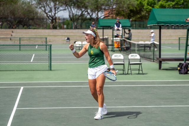Junior Zuzanna Kubacha celebrates after a dominating performance. Brady Harris | Photographer