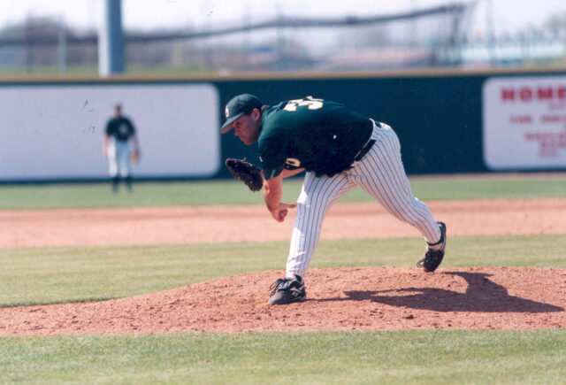 Brett Bergman, Caleb and Brayden's father, deals a pitch in 1997 game. He pitched for Baylor from 1995 to 1998. Photo courtesy of Baylor Athletics.