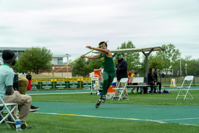 Freshman javelin thrower Kingston Williams prepares to toss at the Clyde Hart Track and Field Stadium on Saturday morning. Caleb Garcia | Photographer
