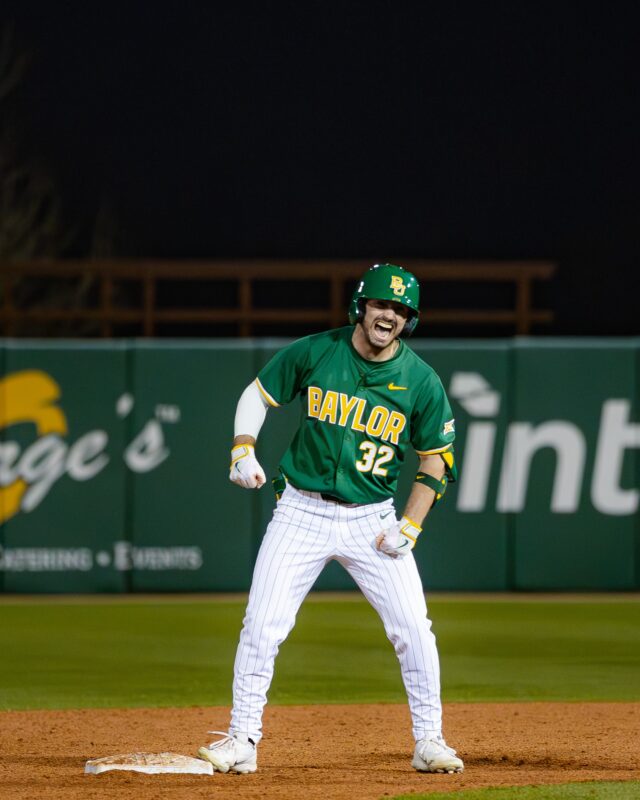 Senior outfielder Caleb Bergman celebrates after knocking in an RBI double in Baylor's 14-4 win over Texas State on Feb. 17 Photo courtesy of Baylor Athletics.