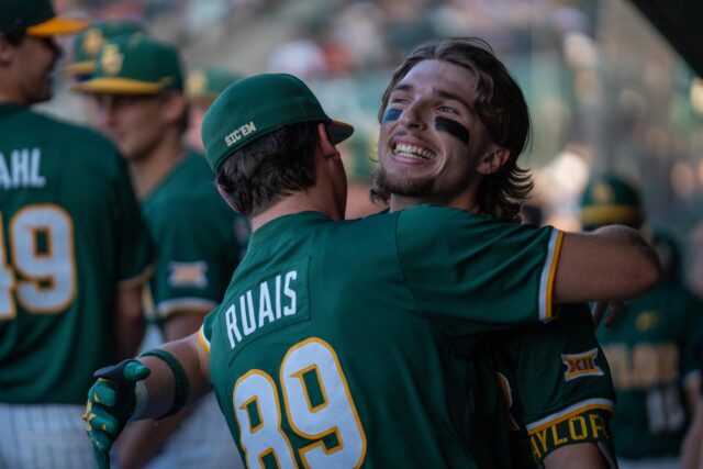 Redshirt junior infielder Travis Sanders celebrates after scoring Baylor's only home run during the Bears’ 5-1 loss against Tarleton State on Tuesday. Sam Gassaway | Photo Editor
