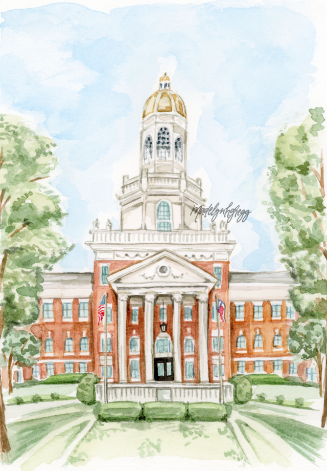 One of Madelyn Gregg's works is a watercolored painting of Pat Neff Hall. Photo courtesy of Madelyn Gregg