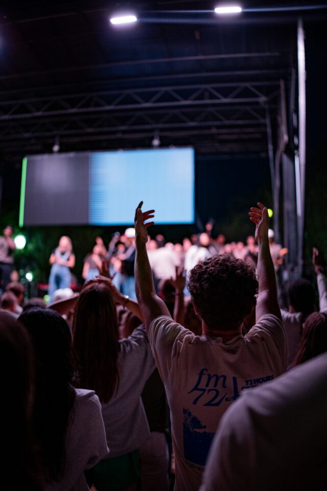 Large worship sessions happen at the 8 p.m. gathering, with smaller ones continuing through the night in the prayer tent. Photo courtesy of Anna Webb