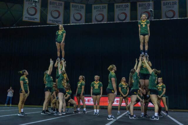 Baylor Acro and Tumbling perform their pyramid routine during their meet against University of Oregon. Mesha Mittanasala | Photographer