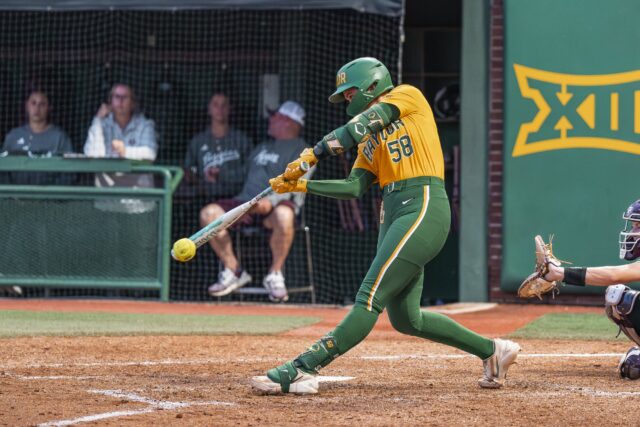 Sophomore catcher Averie Waddell connects with the swing, but fails to get on base. Jake Schroeder | Photographer