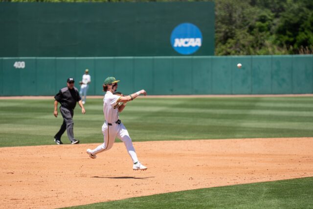Redshirt junior infielder Travis Sanders throws the ball back to second base. Alyssa Meyers | Photographer