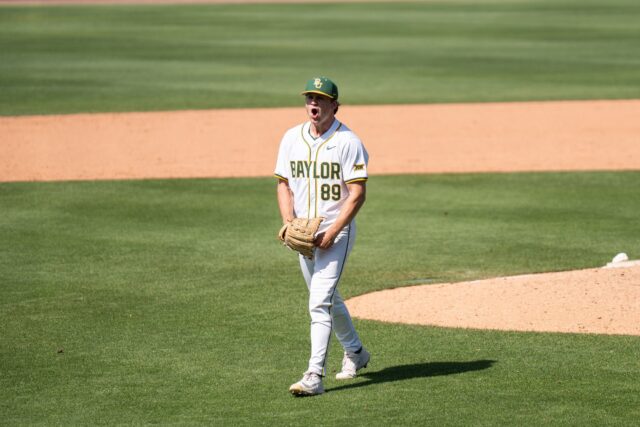 Junior pitcher RJ Ruais celebrates after striking out a batter during the top of the 9th inning. Alyssa Meyers | Photographer