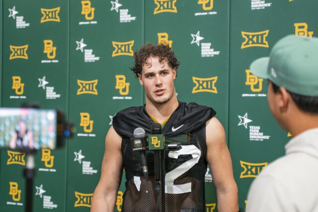 Redshirt junior defensive end Ryan Davis followed the Bears' new defensive coordinator Joe Klanderman to Waco this spring. His unique relationship with Klanderman and familiarity with the playbook have put him in a position to lead others and teach Klanderman's system. Jake Schroeder | Photographer