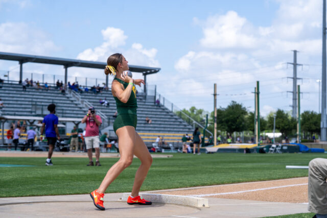 Freshman Shotputter Madilyn Todorovich winds up a throw at the Baylor Invitational track meet at Clyde Hart Track and Field Stadium on Friday afternoon. Caleb Garcia | Photographer
