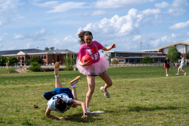 A basewoman shuts out a runner at the Kicks for Casa fundraiser event at the Baylor Softball Fields on Saturday evening. Caleb Garcia | Photographer