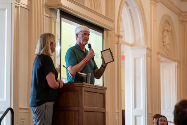 First Gent Brad Livingstone shares a letter he wrote as a camp counselor, encouraging students during the ... at the SUB on Monday. Sam Gassaway | Photo Editor