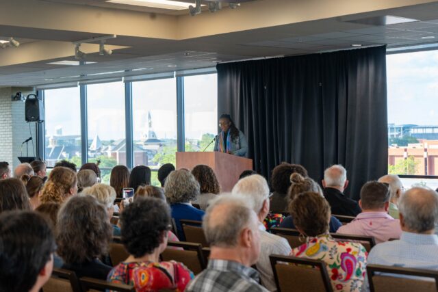 Human Rights Campaign President Kelley Robinson spoke on equality, inclusivity, and freedom of speech at the All Are Neighbors Event Wednesday night. Mesha Mittanasala | Photographer