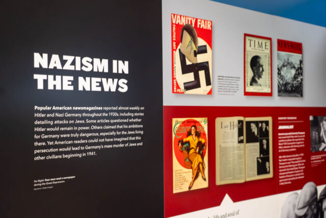 Pieces of media from WW2 were showcased at the Americans n the Holocaust exhibit at Jesse H. Jones Memorial Library on Monday afternoon. Caleb Garcia | Photographer