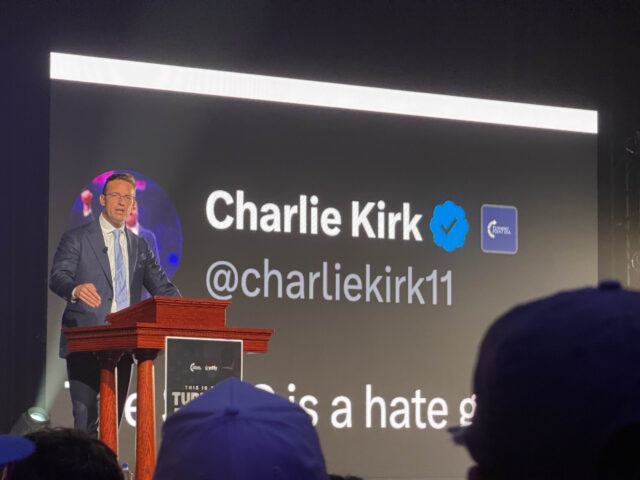 Political commentator Benny Johnson speaks in memory of Charlie Kirk at Turning Point USA&squot;s " This is the Turning Point" tour at Waco Hall on Wednesday evening. Caleb Garcia | Photographer