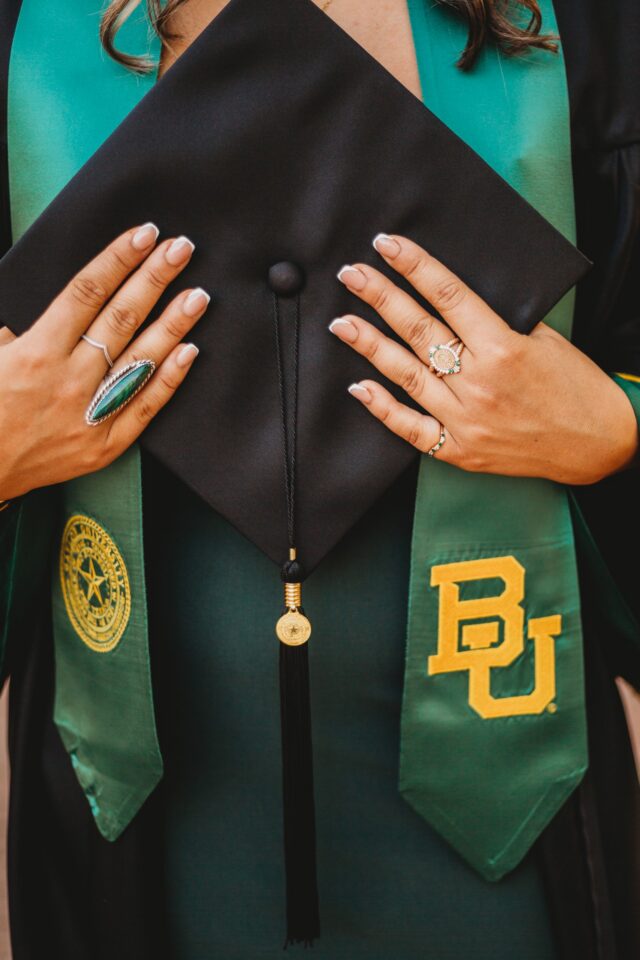 Alum Kristen McPherson customized her ring to feature Pat Neff Hall in the center. The ring also features a variety of diamonds and a twisted gold band. Photo courtesy of Kristen McPherson