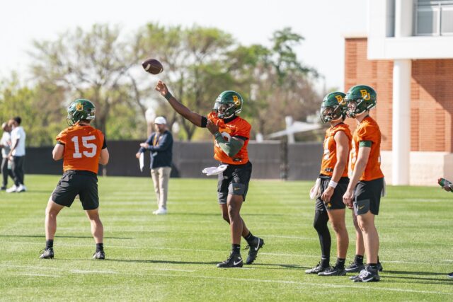Junior quarterback DJ Lagway slings the ball downfield for a rep during spring practice. The Florida transfer joined the Bears in January. Lariat file photo