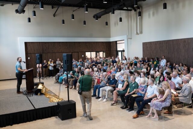 BSM Director Will Bowden speaks to faculty, students, and alumni about the purpose of the BSM building. Mesha Mittanasala | Photographer