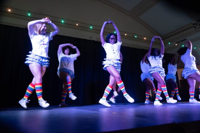 Sisters of Zeta Phi Beta jump into a routine at the Mosaic Mixer at the Student Union Building on Wednesday night. Caleb Garcia | Photo Editor