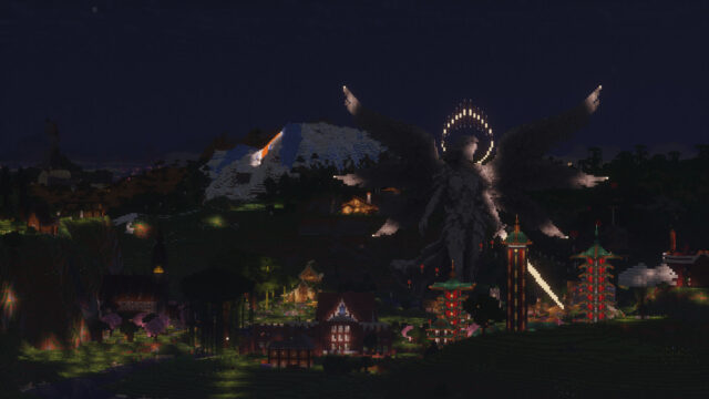 Students use the landscape to their advantage on the BearCraft server, creating statues and buildings. Photo courtesy of Hannah Gomez