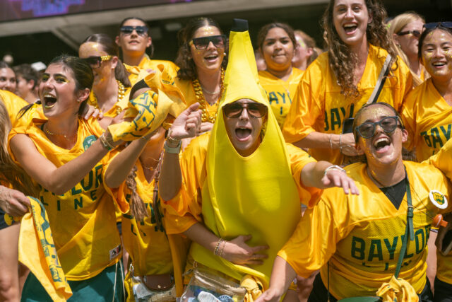 The Baylor Line has plenty of school spirit during the Louisiana Tech versus Baylor football game at McLane Stadium on Saturday afternoon. Caleb Garcia | Photo Editor