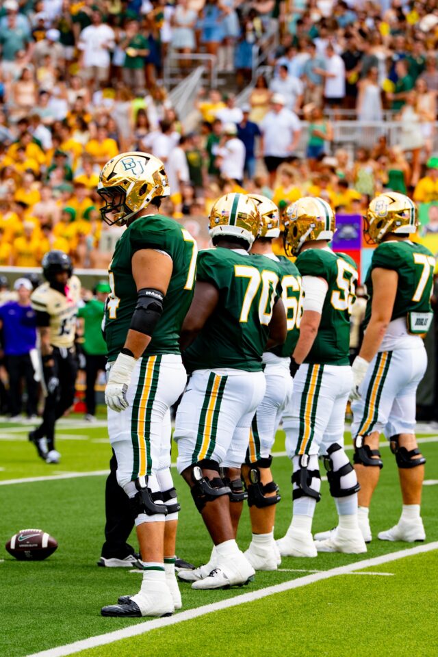 Baylor offensive line in McLane Stadium for Baylor vs. Junior quarterback DJ, Lagway at McLane Stadium for Baylor vs. Colorado.
Layla Bazan | Photographer