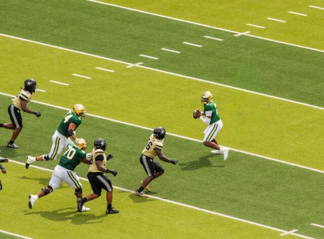 Junior quarterback DJ Lagway throws the ball at McLane Stadium during Baylor vs. Colorado on Saturday. Mim Robbins | Photographer