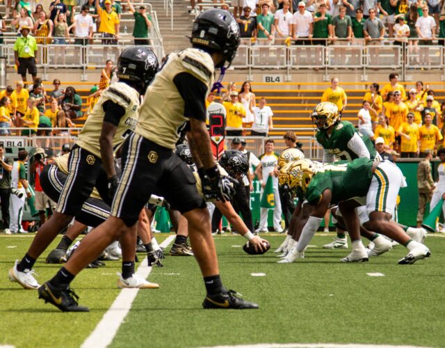 Baylor defensive line prepares for snap during game vs. Colorado at McLane Stadium on Saturday. Mim Robbins | Photographer