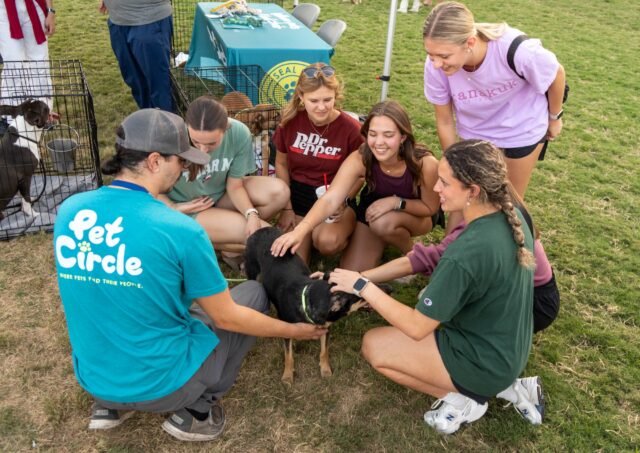 Attendees are filled with joy while playing with dogs from Pet Circle at the Alpha Phi Woofstocks event on Fountain Mall friday night. Mesha Mittanasala | Photographer