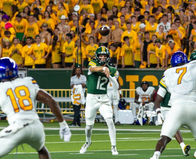 Junior Quarterback Nate Bennett passes the ball during Baylor's win against Prarie View A&M University 44-3 Saturday night at McLane Stadium. Mesha Mittanasala | Photographer