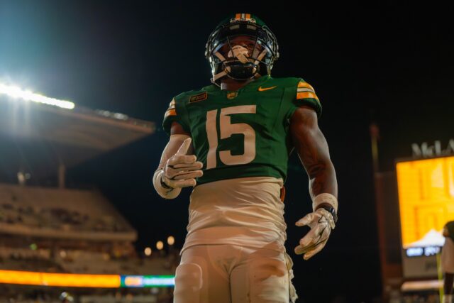 Fifth year wide receiver Jayden McGown celebrates his touchdown during Baylor's win against Prarie View A&M University 44-3 Saturday night at McLane Stadium. Mesha Mittanasala | Photographer