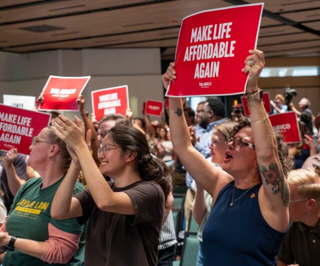 Attendees cheer as Talarico approaches the stage at his rally at the Hurd Welcome Center on Wednesday night. Mesha Mittanasala | Photographer