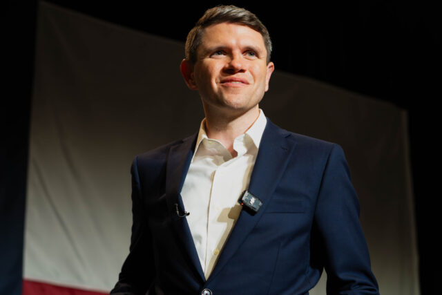James Talarico, Democratic U.S Senate candidate stands tall at his rally at the Mark and Paula Hurd Welcome Center on Wednesday night. Caleb Garcia | Photo Editor