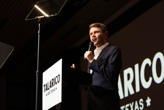 James Talarico, Democratic U.S. Senate candidate, addresses Baylor students at the Mark and Paula Hurd Welcome Center on Wednesday night. Caleb Garcia | Photo Editor