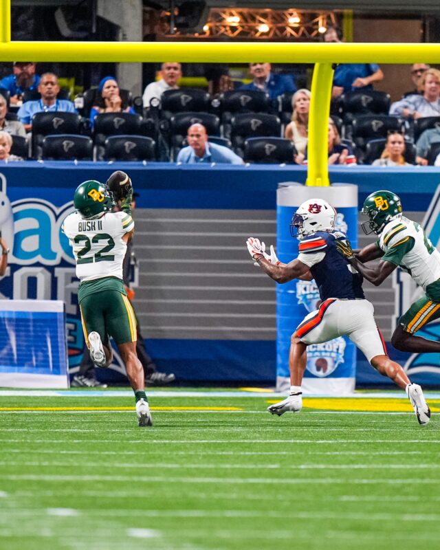 Fifth-year cornerback Reggie Bush II intercepted Auburn quarterback Byrum Brown at the Baylor 5-yard line. Photo courtesy of Baylor Athletics