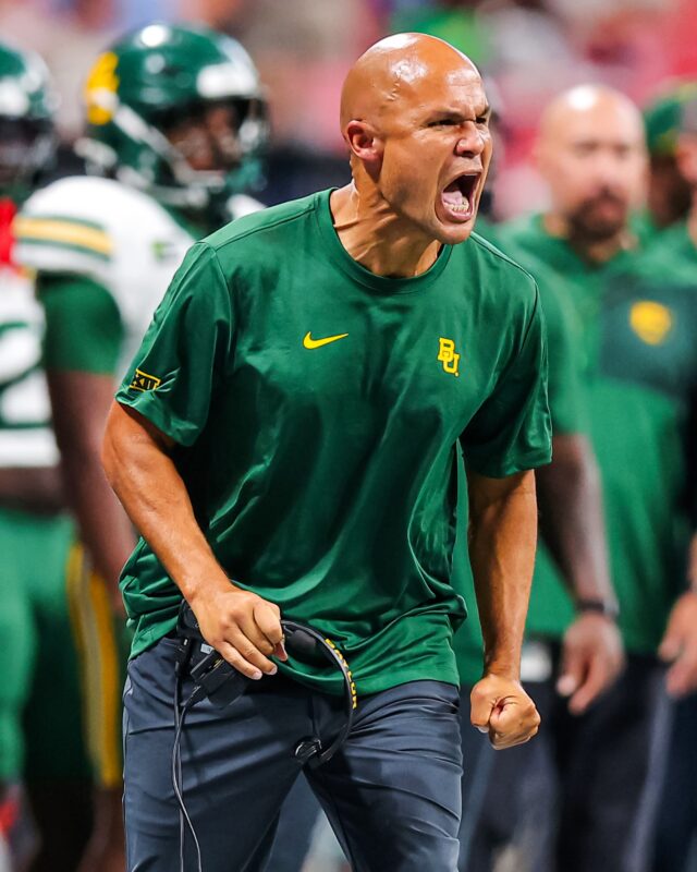 Head coach Dave Aranda yells emphatically from the Baylor sideline. Photo courtesy of Baylor Athletics