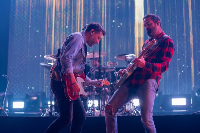 Members of Old Dominion shred their guitars together with their song "No Hard Feelings" at Foster Pavilion on Friday night. Caleb Garcia | Photo Editor