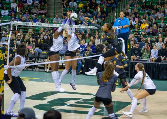 Senior middle blocker Victoria Davis blocks the ball during Baylor’s match against TCU at the Ferrell Center. Layla Bazan | Photographer