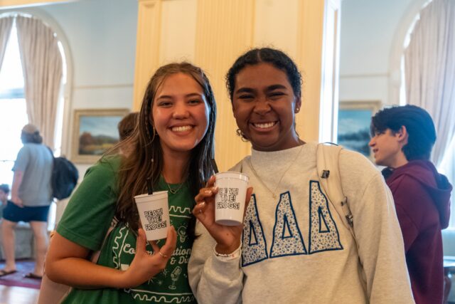 Cypress sophomore Nicole Santos and Sherman freshman Lauren Graves show off their “Beat! The! Frogs!” cups during Dr. Pepper hour. Vanessa Adams | Photographer