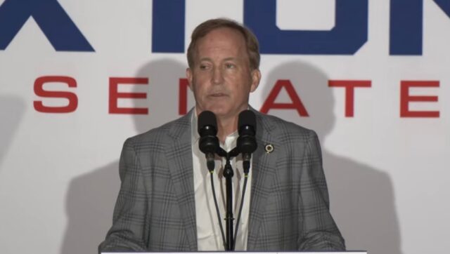 Attorney General Ken Paxton speaks to supporters Saturday morning at The Palladium in Waco. He focused on an economic plan and the importance of the midterm elections. Owen Carson | Broadcast Reporter