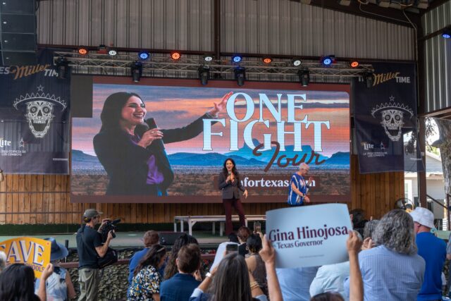 Gina Hinojosa, the Democratic nominee in the Texas gubernatorial race, speaks to voters at her rally at The Backyard Bar Stage and Grill in Waco on Tuesday. Mesha Mittanasala | photographer