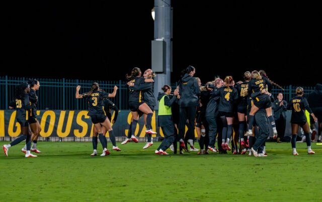 Baylor soccer celebrates its 1-0 win over TCU at Betty Lou Mays Field Friday night. Mesha Mittanasala | Photographer