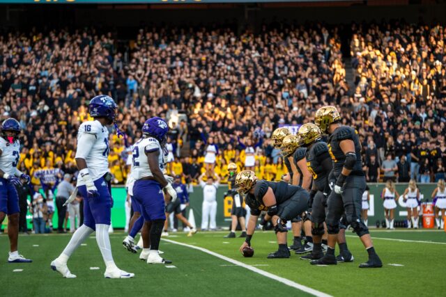 Baylor offensive line sets up their play at Baylor's loss against TCU 6-17 at Mclane Stadium saturday night. Mesha Mittanasala | Photographer