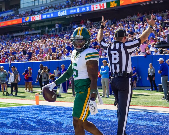 Fifth-year receiver Jayden McGowan gets ready to celebrate a touchdown in Baylor's 25-24 loss to Kansas. Photo courtesy of Baylor Athletics